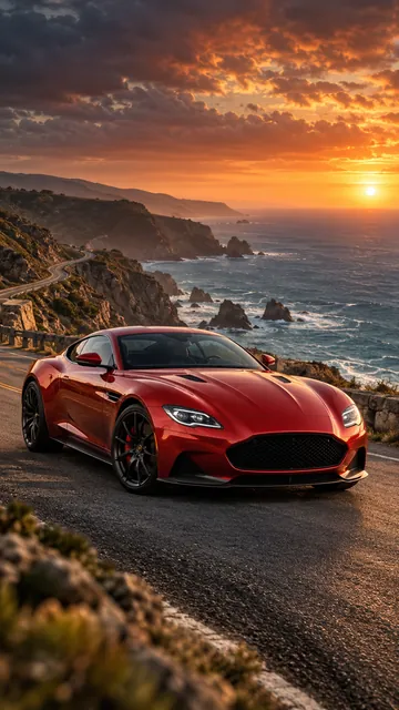 Sculptural scarlet sports car on a winding coastal road in cinematic evening light
